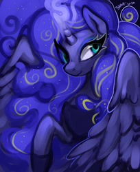 Size: 1024x1252 | Tagged: safe, artist:commander booty call, artist:slime-tiger, imported from derpibooru, princess luna, alicorn, pony, bust, ethereal mane, female, galaxy mane, glowing horn, horn, mare, portrait, signature, smiling, solo