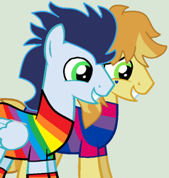 Size: 645x677 | Tagged: safe, artist:jadethepegasus, artist:spacep00dle, imported from derpibooru, braeburn, soarin', earth pony, pegasus, pony, base used, bisexual pride flag, clothes, face paint, gay, gay pride, gay pride flag, gray background, grin, heart, male, pride, pride flag, rainbow socks, shipping, shirt, simple background, smiling, soarburn, socks, stallion, striped socks, t-shirt