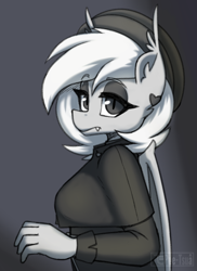 Size: 622x854 | Tagged: safe, artist:puetsua, imported from derpibooru, oc, oc only, oc:chalk white, anthro, bat pony, bust, ear fluff, ear piercing, female, hat, lidded eyes, piercing, solo