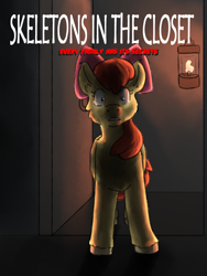 Size: 3000x4000 | Tagged: safe, artist:applejackofalltrades, imported from derpibooru, apple bloom, earth pony, pony, fanfic:skeletons in the closet, cover, cover art, dark, fanfic, fanfic art, fanfic cover, lantern, solo, surprised, text