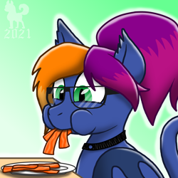 Size: 1440x1440 | Tagged: safe, artist:mrchaosthecunningwlf, artist:ponyvillechaos577, imported from derpibooru, oc, oc:layla horizon, bat pony, bacon, chewing, eating, female, food, glasses, meat, munching, nerd, nerd pony, ponies eating meat, ponytail, solo, solo female