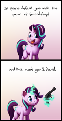 Size: 1250x2450 | Tagged: artist needed, safe, imported from derpibooru, starlight glimmer, cute, dialogue, drawthread, glimmerbetes, gradient background, gun, handgun, levitation, looking at you, magic, open mouth, revolver, smiling, solo, talking to viewer, telekinesis, weapon