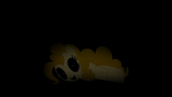 Size: 1920x1080 | Tagged: safe, artist:horses are fuckin weird, imported from derpibooru, pinkie pie, earth pony, pony, black background, black sclera, clothes, costume, creepy, five nights at freddy's, five nights at pinkie's, golden freddy, golden pinkie, looking at you, lying down, not surprise, open mouth, side, simple background, suit