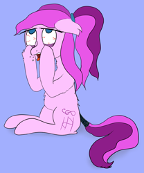 Size: 4243x5111 | Tagged: safe, artist:violet ray, derpibooru exclusive, imported from derpibooru, oc, oc only, oc:violet ray, earth pony, pony, cutie mark, hairband, sitting, solo, tail wrap, tired