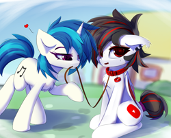 Size: 2137x1722 | Tagged: safe, artist:jfrxd, imported from derpibooru, dj pon-3, vinyl scratch, oc, oc:jfrxd, bat pony, pony, unicorn, canon x oc, chest fluff, collar, ear piercing, earring, floating heart, heart, heart eyes, jewelry, leash, mouth hold, pet play, piercing, sweat, sweatdrops, wingding eyes