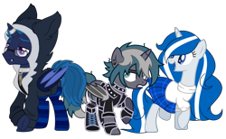 Size: 3537x2177 | Tagged: safe, artist:cosmicwitchadopts, artist:midnightamber, artist:oyks, derpibooru exclusive, imported from derpibooru, oc, oc only, oc:balmoral, oc:elizabrat meanfeather, oc:icey wicey, alicorn, bat pony, bat pony alicorn, pony, unicorn, derpibooru community collaboration, 2021 community collab, alicorn oc, bat pony oc, bat wings, boots, bullet, choker, clone, clothes, collar, ear piercing, earring, female, fingerless gloves, glasses, gloves, hoodie, horn, horn ring, jacket, jewelry, kilt, leather jacket, lip piercing, male, mare, nation ponies, open mouth, piercing, ponified, ponysona, raised hoof, raised leg, ring, scotland, shirt, shoes, simple background, socks, spiked choker, stallion, striped socks, sweater, transparent background, trio, wings