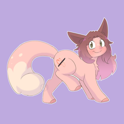 Size: 1300x1300 | Tagged: safe, artist:sinamuna, imported from derpibooru, oc, oc:cinnamon fawn, chinchilla, hybrid, pony, big ears, blushing, brown hair, cutie mark, fluffy hair, fluffy mane, fluffy tail, green eyes, hazel eyes, long hair, pink hair, pink hooves, purple background, simple background, smiling, solo, tail