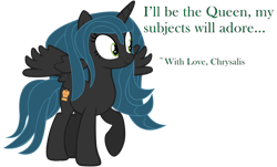 Size: 12598x7600 | Tagged: safe, alternate version, artist:laszlvfx, artist:pegasski, imported from derpibooru, queen chrysalis, alicorn, pony, absurd resolution, alternate design, alternate hairstyle, alternate universe, cute, female, happy, high res, mare, ponified, raised hoof, simple background, smiling, text, transparent background, vector
