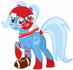 Size: 2310x2231 | Tagged: safe, imported from derpibooru, trixie, pony, unicorn, american football, button, clothes, female, football, helmet, hoofband, kansas city, kansas city chiefs, nfl, pigtails, pride, pride flag, scarf, simple background, smiling, socks (coat marking), solo, sports, super bowl, trans trixie, transgender, transgender pride flag, white background
