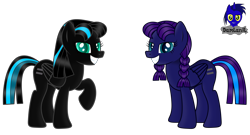 Size: 7680x4154 | Tagged: safe, artist:damlanil, imported from derpibooru, oc, oc:nightlight aura, oc:star eyes, pegasus, pony, duo, equal cutie mark, equalized, equalized mane, female, looking at you, mare, raised hoof, show accurate, simple background, smiling, story, transparent background, vector, wings