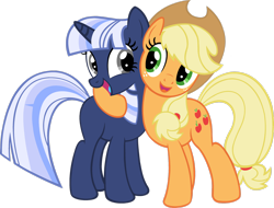 Size: 2806x2137 | Tagged: safe, artist:amelia-bases, artist:pegasski, imported from derpibooru, applejack, oc, oc:silverlay, earth pony, pony, unicorn, base used, duo, eyelashes, female, hat, horn, mare, oc recolor, open mouth, recolor, side hug, simple background, smiling, solo, transparent background, unicorn oc