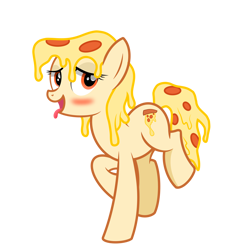 Size: 3000x3000 | Tagged: safe, artist:pizzamovies, imported from derpibooru, oc, oc only, oc:mozzarella orgy, food pony, original species, pizza pony, pony, blushing, cheese, female, food, mare, meat, pepperoni, pepperoni pizza, pizza, ponified, simple background, solo, tongue out, transparent background