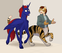 Size: 1000x846 | Tagged: safe, artist:foxenawolf, imported from derpibooru, oc, oc:chakat tigerbright, oc:destined path, alicorn, anthro, chakat, original species, taur, fanfic:foreign affairs, alicorn oc, blue fur, duo, fanfic art, furry, horn, red hair, wings