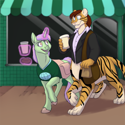 Size: 1000x1000 | Tagged: safe, artist:foxenawolf, imported from derpibooru, oc, oc only, oc:chakat tigerbright, oc:violet woods, anthro, chakat, original species, taur, unicorn, fanfic:foreign affairs, duo, fanfic art, furry, magic