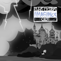 Size: 2000x2000 | Tagged: safe, artist:goldenheart4, artist:grapefruitface1, imported from derpibooru, potion nova, pony, album cover, blue oyster cult, castle, cloud, g4, g4 to g4.5, gothic, grayscale, lightning, monochrome, night, ponified, rock (music), seaside, show accurate, storm