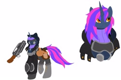 Size: 3198x2126 | Tagged: safe, artist:kurogetsuouji, imported from derpibooru, oc, oc only, oc:dusksworn catalyst, oc:lightsworn catalyst, pony, unicorn, bag, boots, bust, clothes, gas mask, gun, hood, horn, jacket, mask, saddle bag, shoes, sweater, turtleneck, two toned mane, unicorn oc, weapon