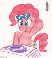 Size: 166x185 | Tagged: artist needed, source needed, safe, artist:leinad56, imported from derpibooru, dj pon-3, pinkie pie, vinyl scratch, earth pony, pony, disc jockey, dj glasses, dj table, having fun, picture for breezies, solo, sunglasses