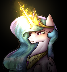 Size: 930x1000 | Tagged: safe, artist:mazeness, imported from derpibooru, princess celestia, alicorn, pony, angry, black background, bust, crown, dark, female, frown, glare, glow, glowing, glowing horn, horn, jewelry, mare, regalia, simple background, sitting