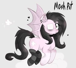 Size: 1494x1339 | Tagged: safe, artist:rottnpet, imported from derpibooru, oc, oc only, bat pony, pony, bat pony oc, bat wings, choker, clothes, ear piercing, earring, eyepatch, female, glowing horn, gray background, heart, horn, jewelry, magic, mare, piercing, simple background, socks, solo, striped socks, telekinesis, wings