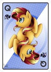 Size: 2143x3000 | Tagged: safe, artist:fadlihalimns, imported from derpibooru, sunset shimmer, pony, unicorn, card, chest fluff, ear fluff, poker, profile, smiling, solo