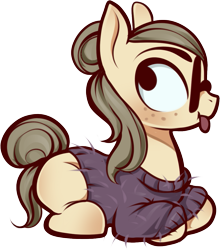 Size: 973x1107 | Tagged: safe, artist:kummitui, imported from derpibooru, oc, oc only, earth pony, pony, :p, clothes, earth pony oc, glasses, hair bun, lying down, prone, simple background, solo, sweater, tongue out, transparent background