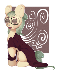 Size: 1155x1498 | Tagged: safe, artist:kummitui, imported from derpibooru, oc, oc only, earth pony, pony, :p, abstract background, clothes, earth pony oc, eyes closed, freckles, glasses, nose piercing, nose ring, piercing, raised hoof, solo, tongue out