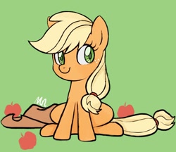 Size: 1745x1510 | Tagged: safe, artist:mn27, imported from derpibooru, applejack, earth pony, pony, apple, colored pupils, cute, female, food, green background, hatless, jackabetes, mare, missing accessory, simple background, sitting, solo