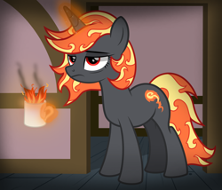 Size: 3500x3000 | Tagged: safe, artist:pizzamovies, imported from derpibooru, oc, oc only, oc:incendia, pony, unicorn, fanfic:antipodes, bags under eyes, female, fire, levitation, magic, mare, mug, solo, telekinesis, tired