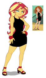 Size: 558x938 | Tagged: safe, artist:nairdags, edit, imported from derpibooru, sunset shimmer, human, equestria girls, black dress, bracelet, clothes, dress, ear piercing, earring, feet, hand on hip, high heels, jewelry, kim possible, kim possible (character), little black dress, open-toed shoes, picture in picture, piercing, screencap reference, shoes, simple background, solo, stupid sexy sunset shimmer, toes, white background