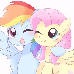 Size: 1628x1634 | Tagged: dead source, safe, artist:arrow__root, artist:ginmaruxx, imported from derpibooru, fluttershy, rainbow dash, pegasus, pony, arm around neck, blushing, cute, dashabetes, duo, female, hoof around neck, mare, one eye closed, open mouth, shyabetes, simple background, white background, wink