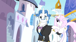 Size: 1366x768 | Tagged: safe, imported from derpibooru, screencap, fancypants, fleur-de-lis, pony, unicorn, season 2, sweet and elite, clothes, female, male, mare, monocle, stallion