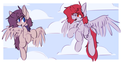 Size: 1301x676 | Tagged: safe, artist:kirbirb, imported from derpibooru, oc, oc only, oc:scarlett lane, oc:snaggletooth, pegasus, pony, duo, flying, simple background