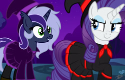 Size: 1024x660 | Tagged: safe, artist:princessmoonsilver, imported from derpibooru, rarity, oc, oc:krystel, pony, unicorn, base used, clothes, female, hat, witch, witch hat