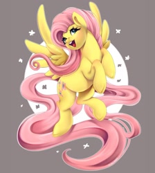 Size: 1080x1205 | Tagged: safe, artist:kummitui, imported from derpibooru, fluttershy, pegasus, pony, abstract background, cute, eyelashes, female, mare, open mouth, rearing, shyabetes, smiling, solo