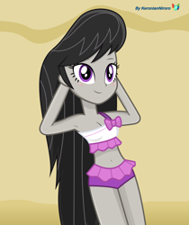 Size: 3000x3574 | Tagged: safe, artist:keronianniroro, imported from derpibooru, octavia melody, equestria girls, adorasexy, armpits, beach, belly button, bikini, blushing, breasts, cleavage, clothes, cute, female, looking at you, lying down, midriff, sexy, solo, swimsuit