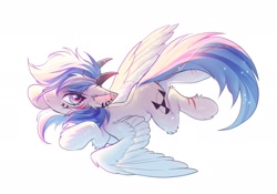 Size: 2048x1431 | Tagged: safe, artist:swaybat, imported from derpibooru, oc, oc only, pegasus, pony, commission, ear piercing, earring, fluffy, horns, jewelry, looking at you, partial heterochromia, piercing, simple background, solo, spread wings, white background, wings