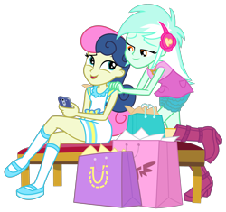 Size: 3600x3388 | Tagged: safe, artist:sketchmcreations, imported from derpibooru, bon bon, lyra heartstrings, sweetie drops, human, equestria girls, equestria girls series, holidays unwrapped, spoiler:eqg series (season 2), bench, crossed legs, dashing through the mall, duo, female, hand on shoulder, lesbian, looking at each other, lyrabon, open mouth, phone, raised leg, shipping, shopping, shopping bag, shopping bags, simple background, sitting, smiling, transparent background, vector