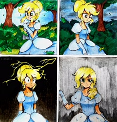 Size: 2780x2888 | Tagged: safe, artist:liaaqila, imported from derpibooru, applejack, equestria girls, applejack also dresses in style, applejack is not amused, cinderella, clothes, commission, disney, disney princess, dress, gown, princess applejack, running, traditional art, unamused, wet, wet clothes, wet hair