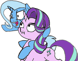 Size: 614x487 | Tagged: safe, imported from derpibooru, starlight glimmer, trixie, pony, unicorn, ponies riding ponies, riding, simple background, transparent background, trixie riding starlight, trixie riding starlight glimmer