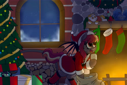 Size: 7200x4800 | Tagged: safe, artist:pony quarantine, imported from derpibooru, oc, oc:dyx, oc:filly anon, oc:porona, bat pony, bat pony oc, christmas, christmas stocking, christmas tree, clothes, costume, female, filly, fireplace, hat, holiday, present, santa costume, santa hat, toilet paper, tree