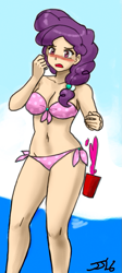 Size: 415x928 | Tagged: safe, artist:ixalon, artist:johnjoseco, imported from derpibooru, sugar belle, human, anime, beach, belly button, bikini, blushing, breasts, clothes, dropping, female, front knot midriff, fruit punch, human coloration, humanized, midriff, open mouth, sad, solo, swimsuit