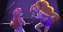 Size: 1280x659 | Tagged: safe, artist:nairdags, artist:rileyav, imported from derpibooru, adagio dazzle, sunset shimmer, human, equestria girls, blushing, breasts, collaboration, colored, duo, female, lesbian, microphone, musical instrument, piano, shipping, sideboob, singing, sleeveless, spotlight, sunsagio