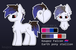 Size: 1536x1024 | Tagged: safe, artist:keupoz, imported from derpibooru, oc, oc only, oc:keupoz, earth pony, pony, bisexual pride flag, butt, cheek fluff, chest fluff, dock, ear piercing, earth pony oc, looking at you, male, piercing, plot, pride, pride flag, rear view, reference sheet, simple background, solo, stallion, text, watermark