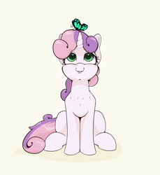 Size: 2200x2400 | Tagged: safe, artist:aquaticvibes, imported from derpibooru, sweetie belle, butterfly, pony, unicorn, butterfly on horn, cute, diasweetes, female, filly, high res, horn, looking up, simple background, sitting, smiling, solo, yellow background