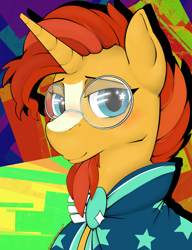 Size: 2544x3319 | Tagged: safe, artist:bloody--mascarade, imported from derpibooru, sunburst, pony, unicorn, abstract background, bust, cloak, clothes, cute, facial hair, glasses, male, portrait, solo, stallion