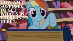 Size: 1920x1080 | Tagged: safe, edit, edited screencap, editor:quoterific, imported from derpibooru, screencap, rainbow dash, pegasus, pony, season 4, testing testing 1-2-3, book, confused, female, golden oaks library, solo, text