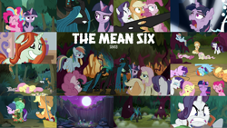 Size: 1968x1110 | Tagged: safe, edit, edited screencap, editor:quoterific, imported from derpibooru, screencap, applejack, crackle cosette, fluttershy, mean applejack, mean fluttershy, mean pinkie pie, mean rainbow dash, mean rarity, mean twilight sparkle, pinkie pie, queen chrysalis, rainbow dash, rarity, spike, starlight glimmer, twilight sparkle, alicorn, changeling, changeling queen, earth pony, pegasus, pony, unicorn, the mean 6, angry, clone, disguise, disguised changeling, female, laughing, mane seven, mane six, mean six, open mouth, rainbow power, scared, twilight sparkle (alicorn)