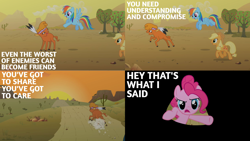 Size: 2000x1125 | Tagged: safe, edit, edited screencap, editor:quoterific, imported from derpibooru, screencap, applejack, little strongheart, pinkie pie, rainbow dash, earth pony, pegasus, pony, over a barrel, season 1, angry, applejack's hat, breaking the fourth wall, cowboy hat, hat, implied twilight sparkle, open mouth