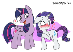 Size: 1248x888 | Tagged: safe, artist:dimbulb, imported from derpibooru, rarity, twilight sparkle, alicorn, pony, unicorn, blushing, cutie mark, female, females only, heart, lesbian, mare, rarilight, shipping, simple background, sweat, twilight sparkle (alicorn)