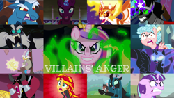 Size: 1974x1111 | Tagged: safe, edit, edited screencap, editor:quoterific, imported from derpibooru, screencap, cozy glow, daybreaker, discord, grogar, king sombra, lord tirek, nightmare moon, princess cadance, queen chrysalis, starlight glimmer, storm king, sunset shimmer, tempest shadow, alicorn, changeling, changeling queen, draconequus, human, pegasus, pony, unicorn, a canterlot wedding, a royal problem, equestria girls, equestria girls (movie), my little pony: the movie, school raze, the beginning of the end, the cutie map, the ending of the end, the return of harmony, twilight's kingdom, angry, antagonist, disguise, disguised changeling, fake cadance, female, filly, open mouth, villainess